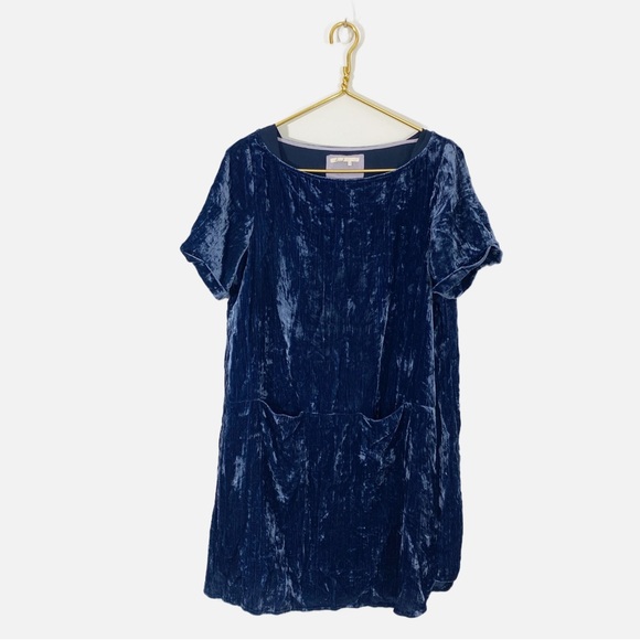 Anthropologie Floreat Small‎ Navy Blue Crushed Velvet Tunic Shift Dress Boxy - Picture 1 of 9